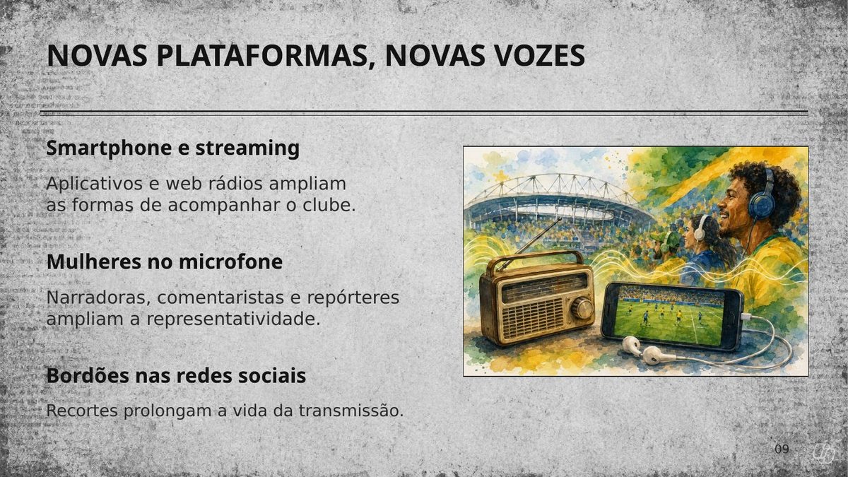 Slide 9 — Novas plataformas, novas vozes: streaming, mulheres no microfone e bordões nas redes